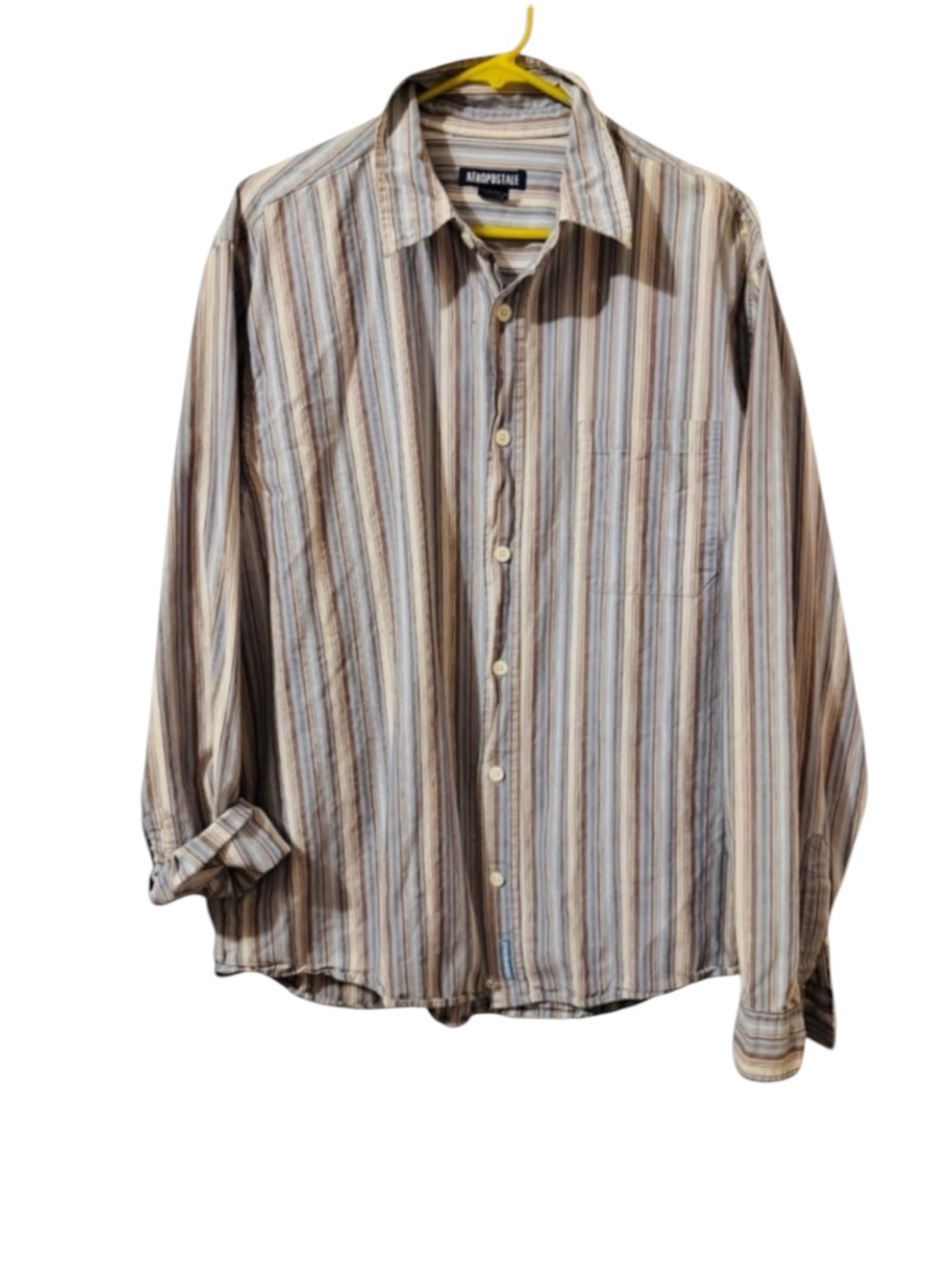 Y2K Aeropostale VTG Mens 100% Cotton Casual Vertical Striped Shirt - Blue Tan